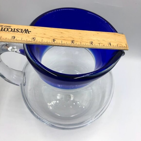 Cobalt Blue Rim Handblown Glass Pitcher Heavy Beverage Drinkware Serveware - Picture 8 of 9